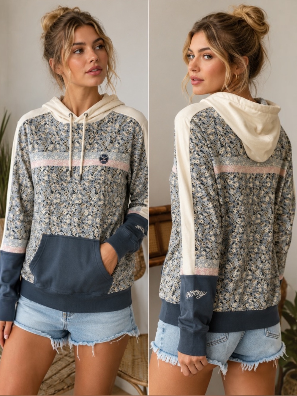 Hooey Women’s Ditzy Floral Hoodie Blue Cream Pullover Kangaroo Pocket M
